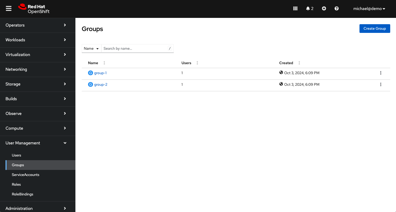 OpenShift Web Console - Groups page demonstrating Entra ID created groups